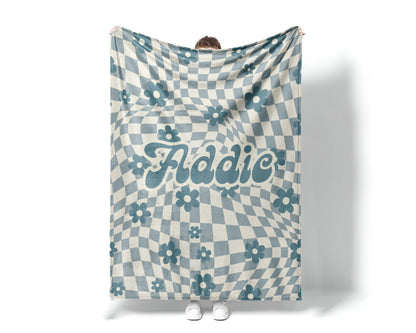 Personalized DAISY CHECKER Pattern in vintage rustic style blanket with Name, Custom blanket gift, Birthday Anniversary Gift