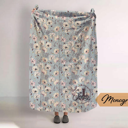 Monogram Quilted Blanket: Watercolor Floral, Vintage Rustic Style (60" x 80")