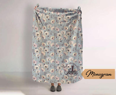 Monogram Quilted Blanket Full Size  60” x 80” quilt  Watercolor floral pattern in vintage rustic style