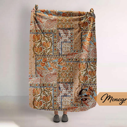 Monogram Quilted Blanket: Watercolor Floral, Vintage Rustic Style (60" x 80")