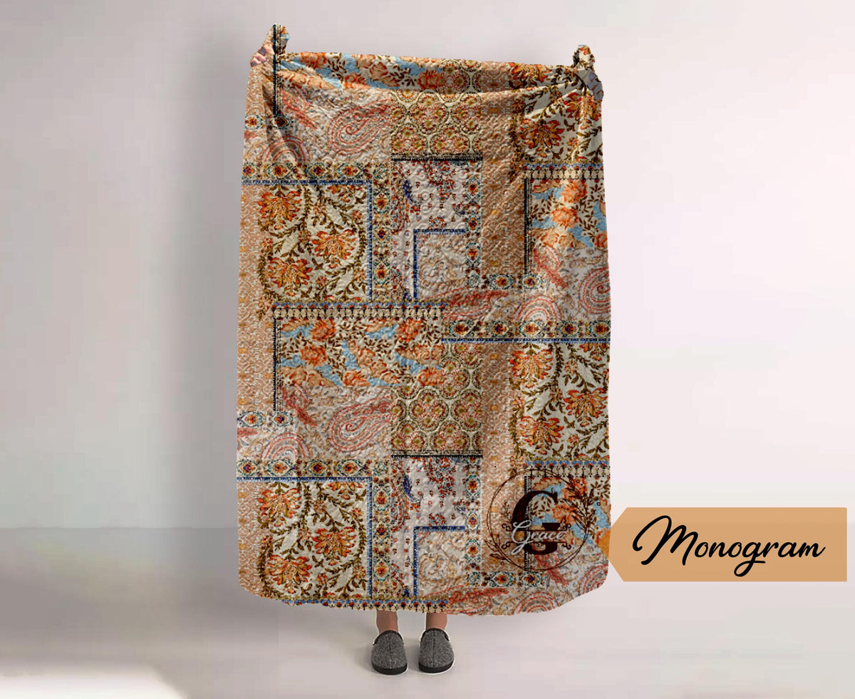 Monogram Quilted Blanket: Watercolor Floral Vintage Rustic Style (60” x 80”)