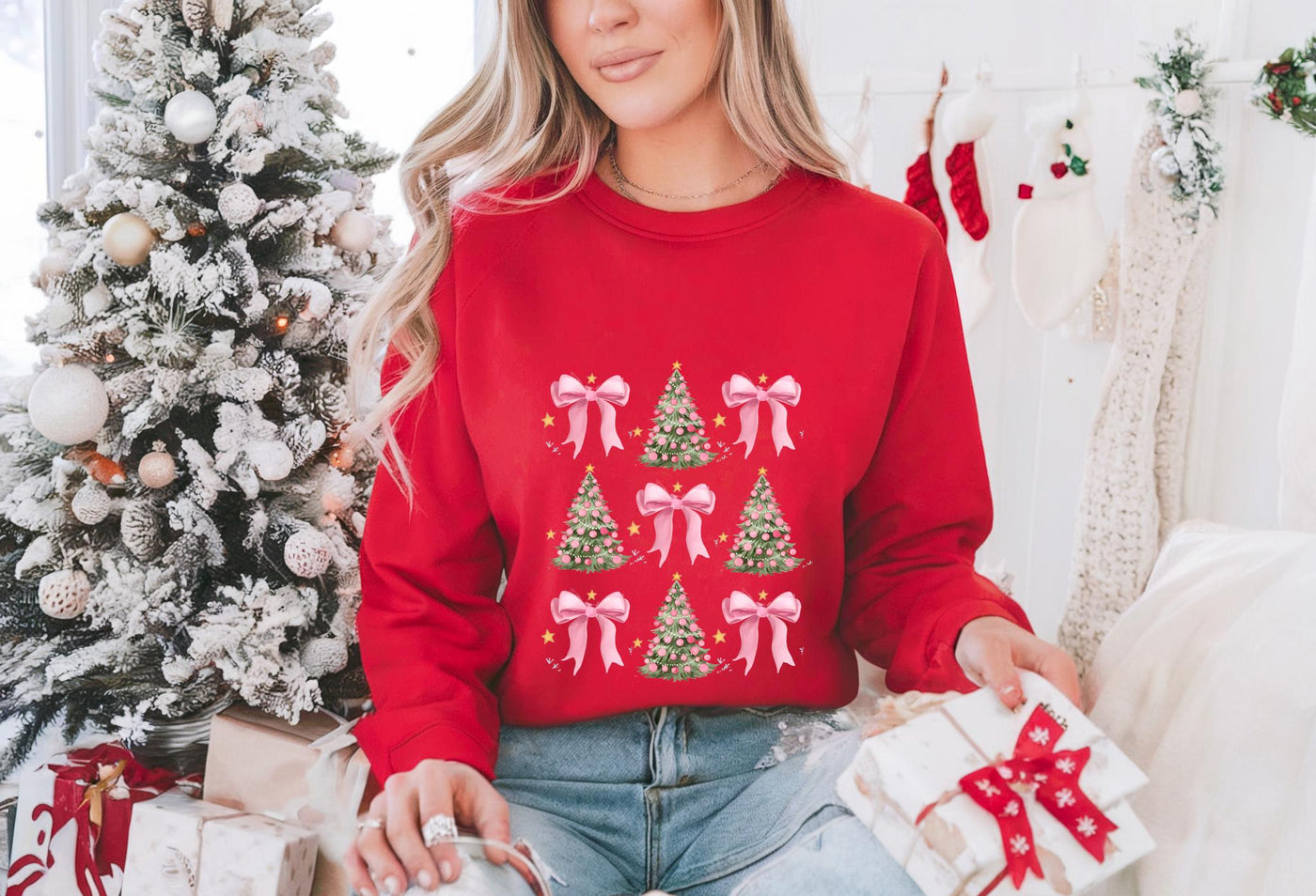 Christmas Sweatshirt , Coquette Bow Christmas Shirt - CustomCooper