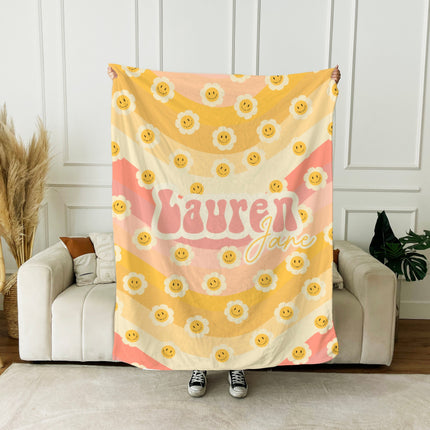 Personalized Retro Smiley Face Blanket: Custom Name Minky or Sherpa