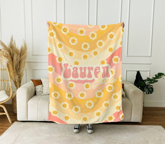 Personalized Retro Smiley Face Blanket: Custom Name Minky or Sherpa