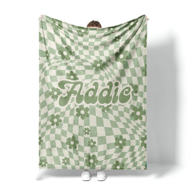 Personalized DAISY CHECKER Pattern in vintage rustic style blanket with Name, Custom blanket gift, Birthday Anniversary Gift