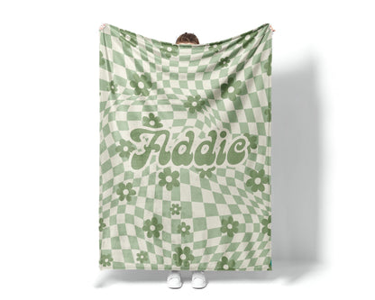 Personalized DAISY CHECKER Pattern in vintage rustic style blanket with Name, Custom blanket gift, Birthday Anniversary Gift