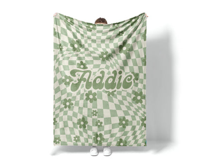 Personalized DAISY CHECKER Pattern in vintage rustic style blanket with Name, Custom blanket gift, Birthday Anniversary Gift