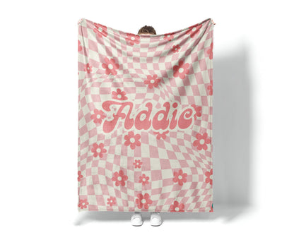 Personalized DAISY CHECKER Pattern in vintage rustic style blanket with Name, Custom blanket gift, Birthday Anniversary Gift