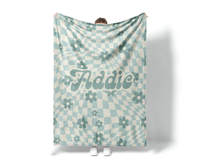 Personalized DAISY CHECKER Pattern in vintage rustic style blanket with Name, Custom blanket gift, Birthday Anniversary Gift