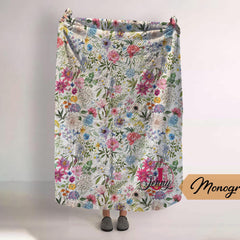 Monogram Quilted Blanket: Watercolor Floral Vintage Rustic Style (60” x 80”)