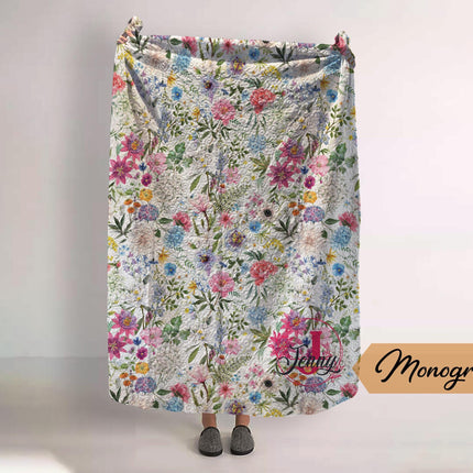 Monogram Quilted Blanket: Watercolor Floral Vintage Rustic Style (60” x 80”)