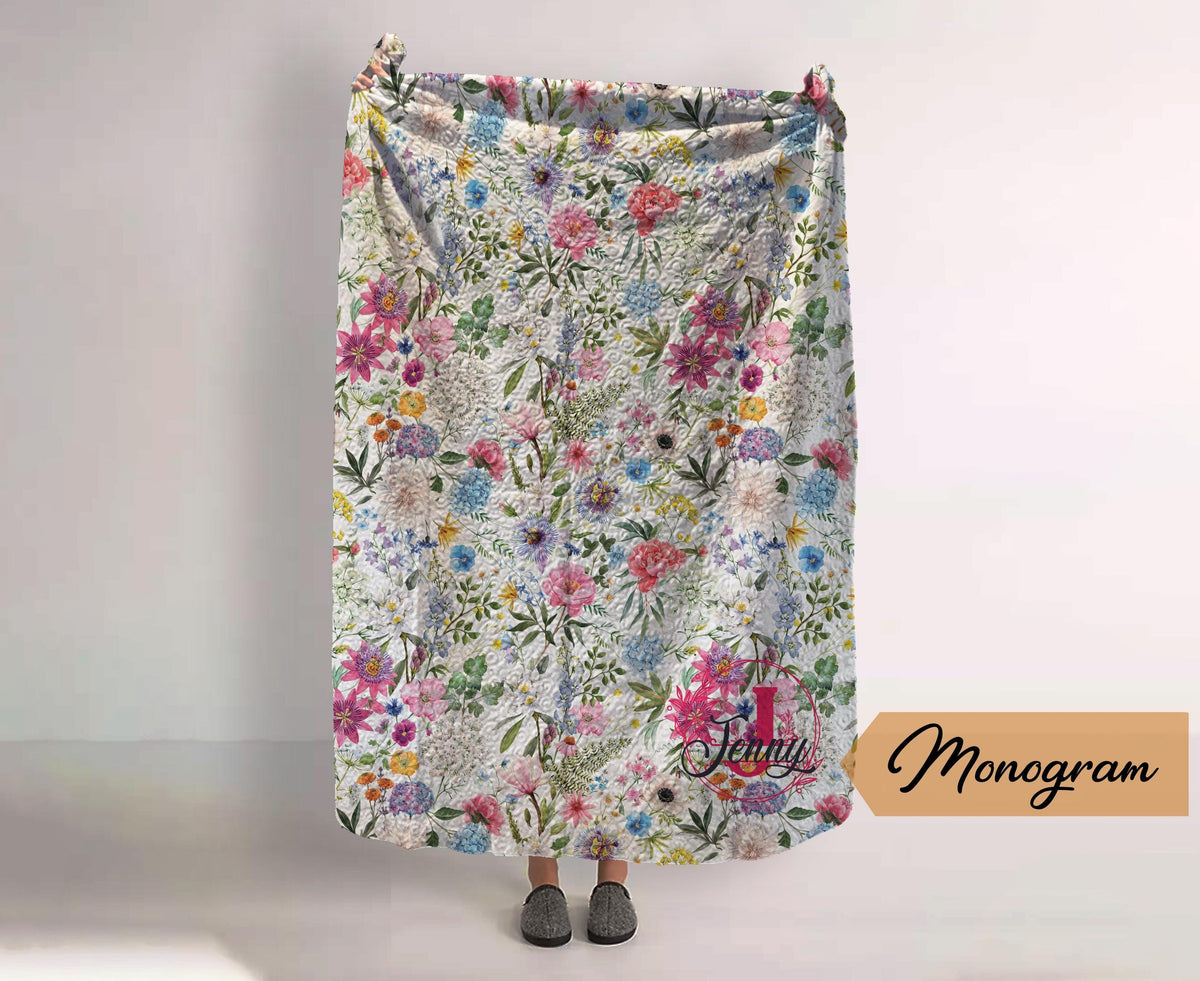Monogram Quilted Blanket: Watercolor Floral Vintage Rustic Style (60” x 80”)