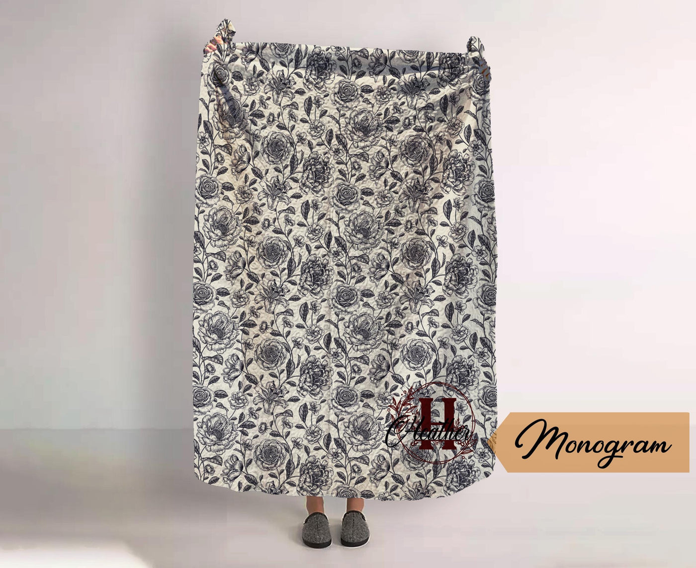 Monogram Quilted Blanket Full Size  60” x 80” quilt  Watercolor floral pattern in vintage rustic style
