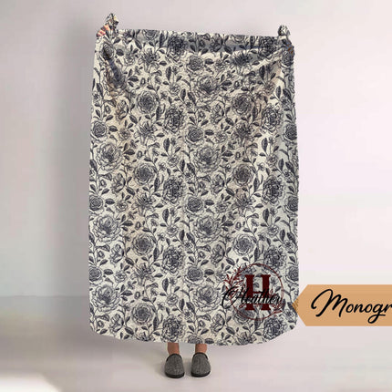 Monogram Quilted Blanket: Watercolor Floral Vintage Rustic Style (60” x 80”)