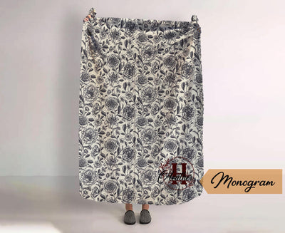 Monogram Quilted Blanket Full Size  60” x 80” quilt  Watercolor floral pattern in vintage rustic style