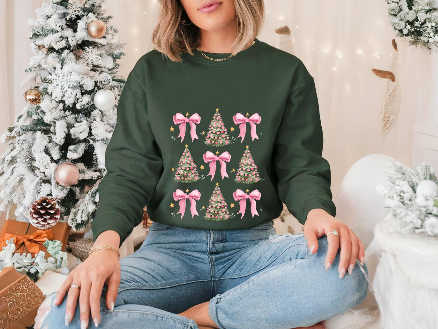 Christmas Sweatshirt , Coquette Bow Christmas Shirt - CustomCooper