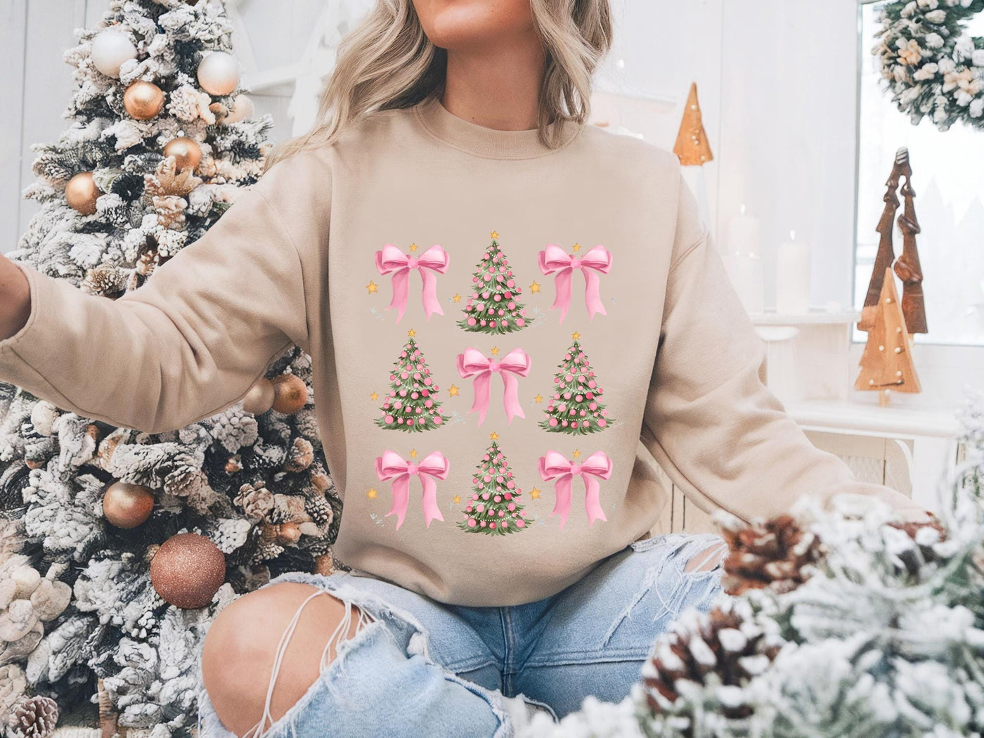 Christmas Sweatshirt , Coquette Bow Christmas Shirt - CustomCooper
