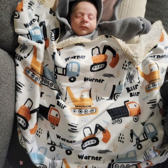 Personalized Kids Construction Blanket with Name, Soft Minky or Sherpa Baby Blanket, Cozy Custom Birthday Gift for Boys