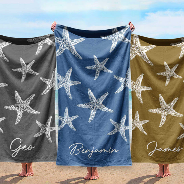 personalized beach towel with star fish pattern custom name - soft bath & pool towel gift for birthday, vacation, outdoor use