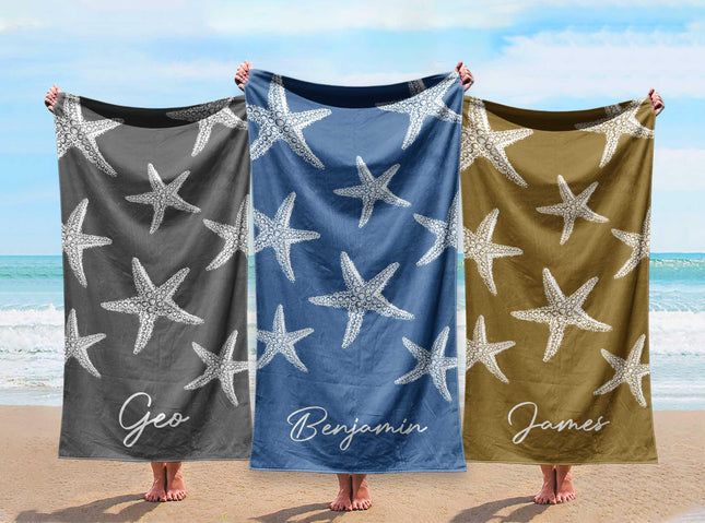 personalized beach towel with star fish pattern custom name - soft bath & pool towel gift for birthday, vacation, outdoor use