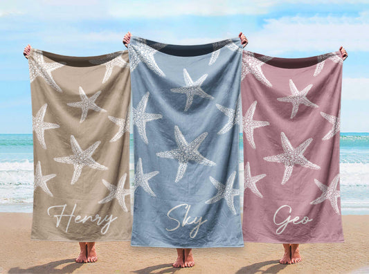 personalized beach towel with star fish pattern custom name - soft bath & pool towel gift for birthday, vacation, outdoor use