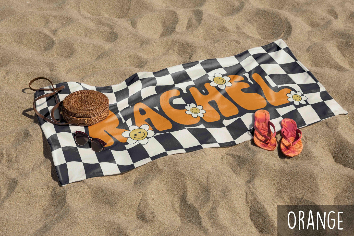 Personalized Daisy Checker Beach Towel Retro Style with Name – Custom Birthday & Anniversary Gift Beach Towel