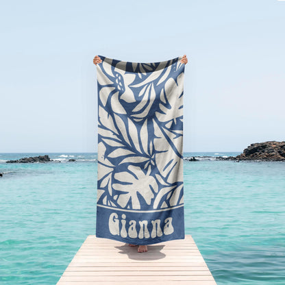 Personalized Retro Beach Towel with Custom Name, Geometric Leaf Pattern, Unique Birthday & Anniversary Gift