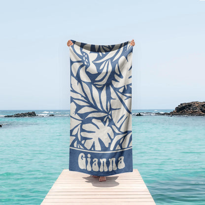 Personalized Beach Towel with Retro Leaf Geometric Pattern, Custom Name Gift for Birthday & Anniversary, Unique Summer Beach Accessory