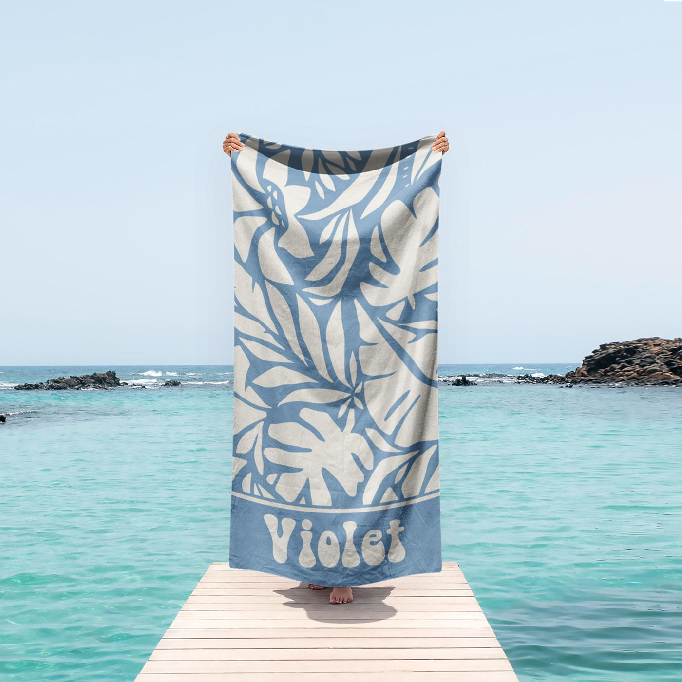 Personalized Beach Towel with Retro Leaf Geometric Pattern, Custom Name Gift for Birthday & Anniversary, Unique Summer Beach Accessory