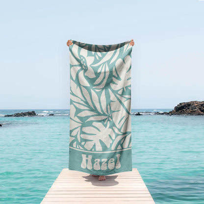 Personalized Beach Towel with Retro Leaf Geometric Pattern, Custom Name Gift for Birthday & Anniversary, Unique Summer Beach Accessory