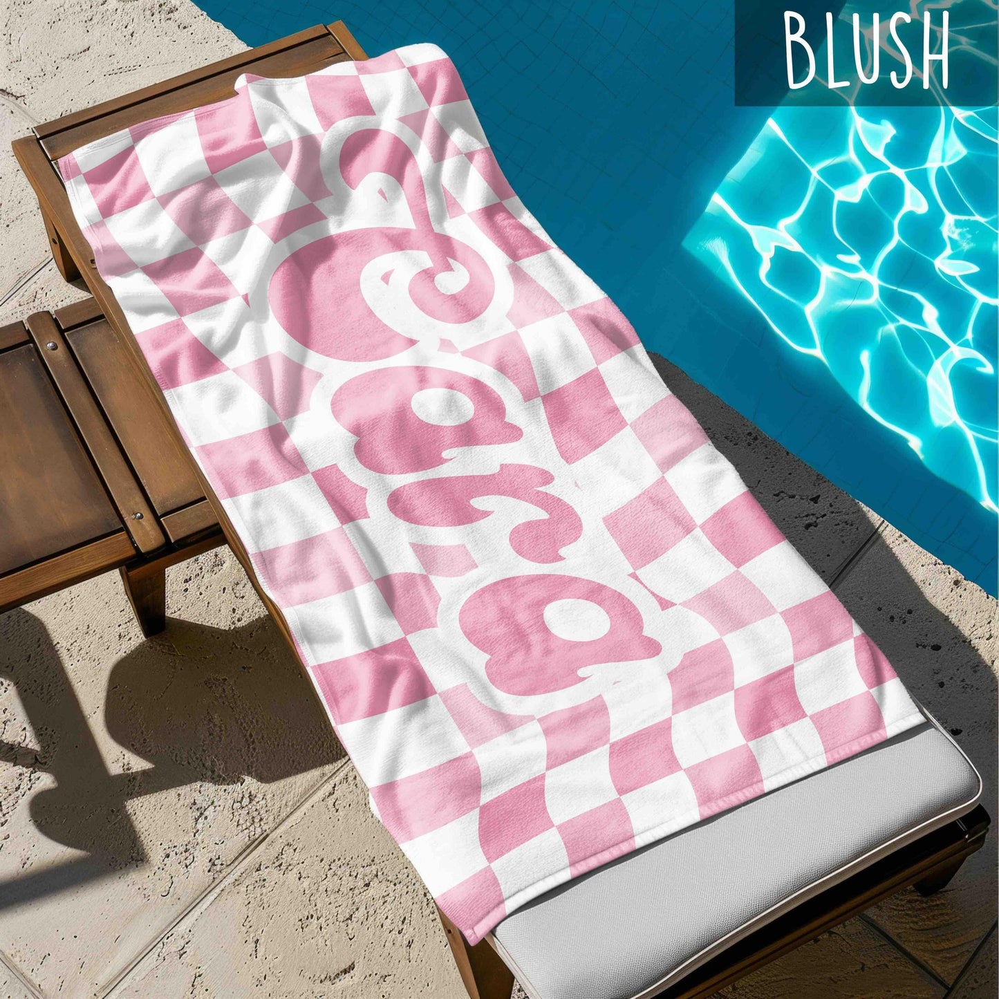 Retro two tone checker personalized gifts, Beach Towel With Name, Birthday Vacation Gift, girl gift