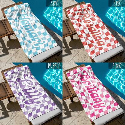 Retro two tone checker personalized gifts, Beach Towel With Name, Birthday Vacation Gift, girl gift