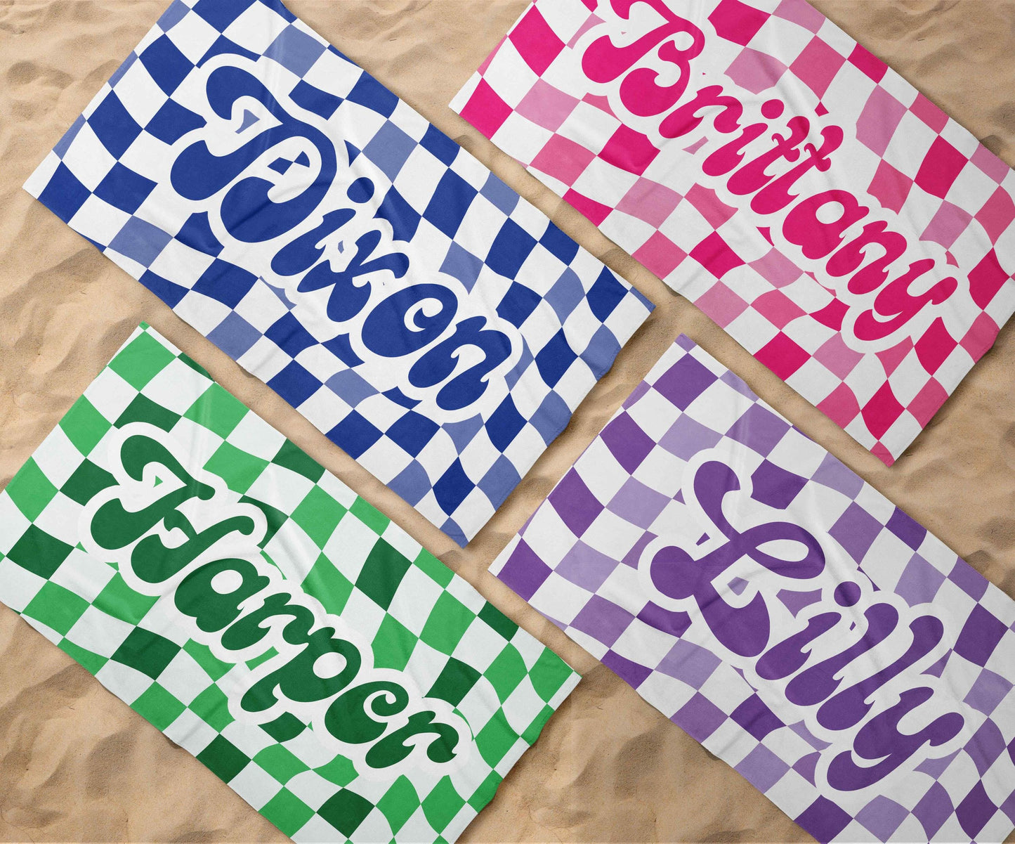 Retro two tone checker personalized gifts, Beach Towel With Name, Birthday Vacation Gift, girl gift