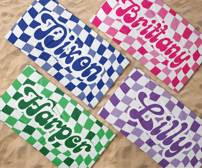 Retro two tone checker personalized gifts, Beach Towel With Name, Birthday Vacation Gift, girl gift