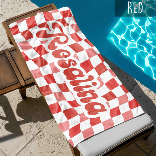 Retro two tone checker personalized gifts, Beach Towel With Name, Birthday Vacation Gift, girl gift
