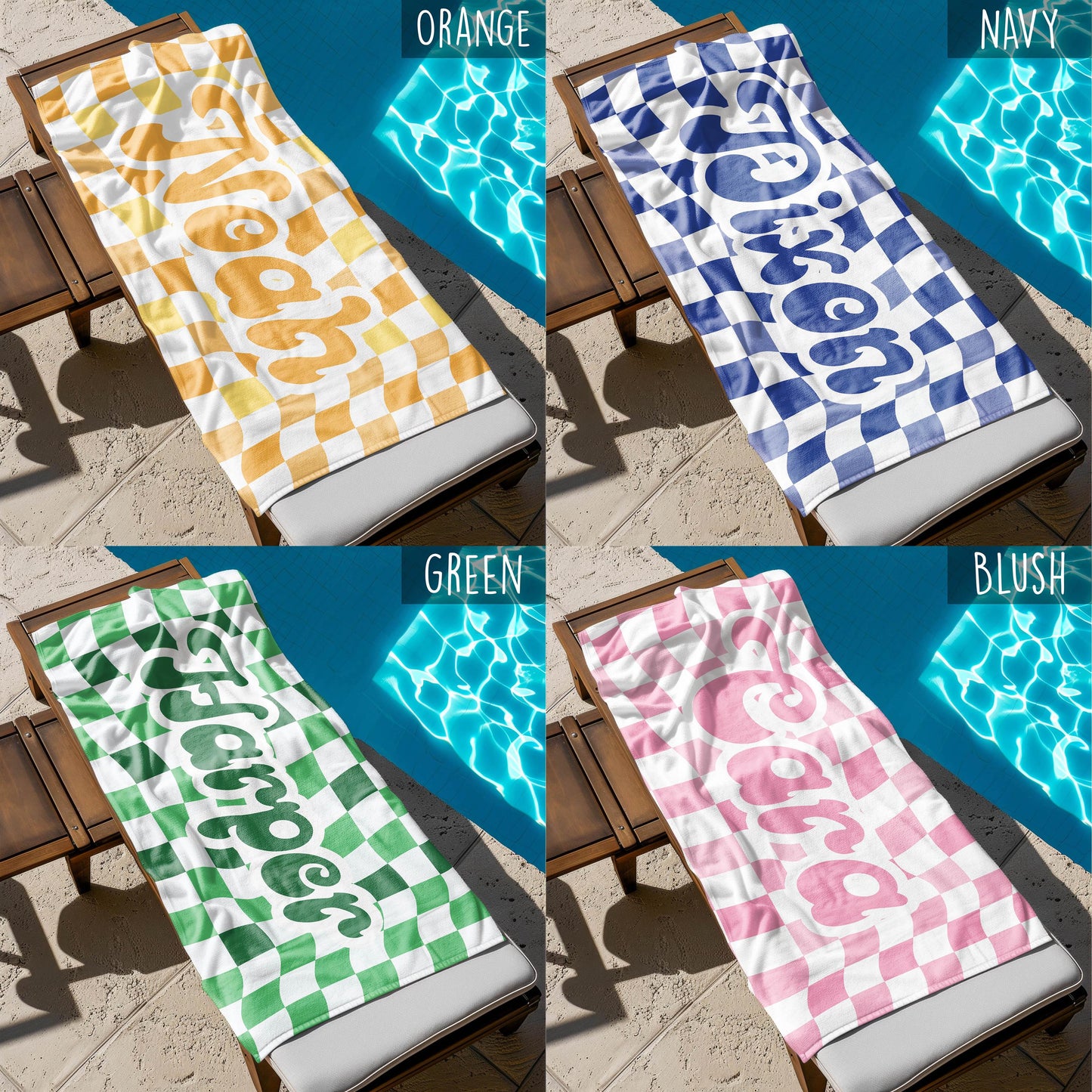 Retro two tone checker personalized gifts, Beach Towel With Name, Birthday Vacation Gift, girl gift