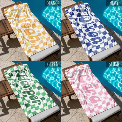Retro two tone checker personalized gifts, Beach Towel With Name, Birthday Vacation Gift, girl gift