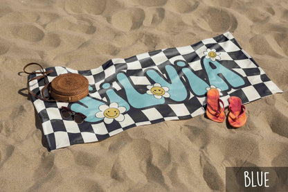 Personalized Daisy Checker Beach Towel Retro Style with Name – Custom Birthday & Anniversary Gift Beach Towel