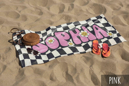 Personalized Daisy Checker Beach Towel Retro Style with Name – Custom Birthday & Anniversary Gift Beach Towel