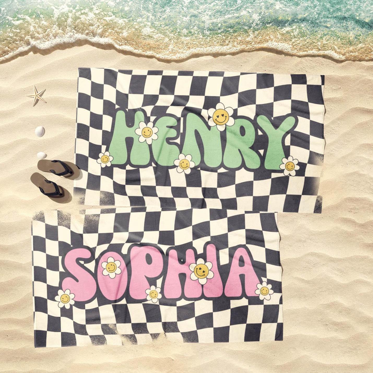 Personalized Daisy Checker Beach Towel Retro Style with Name – Custom Birthday & Anniversary Gift Beach Towel