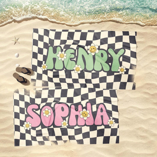 Personalized Daisy Checker Beach Towel Retro Style with Name – Custom Birthday & Anniversary Gift Beach Towel