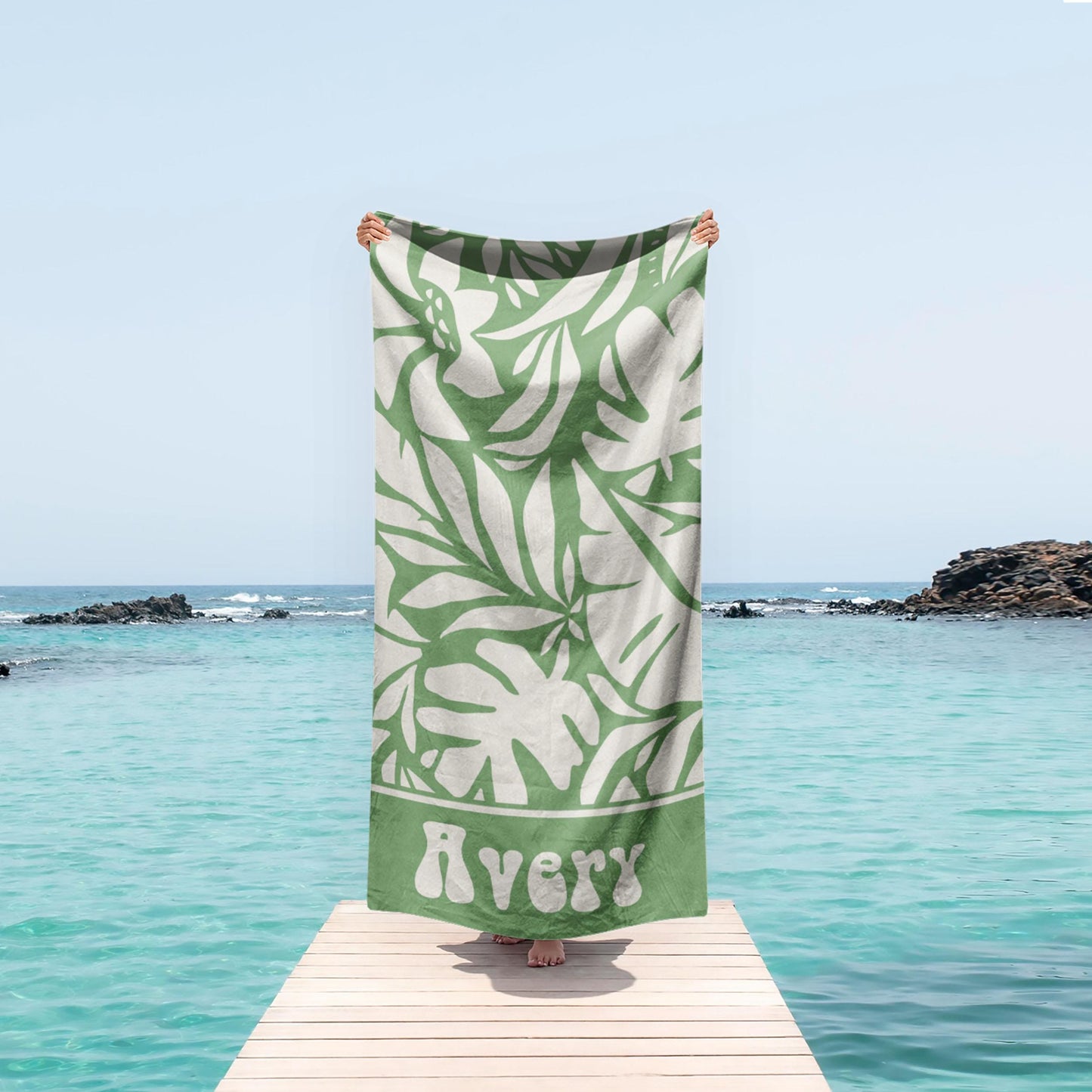 Personalized Retro Beach Towel with Custom Name, Geometric Leaf Pattern, Unique Birthday & Anniversary Gift