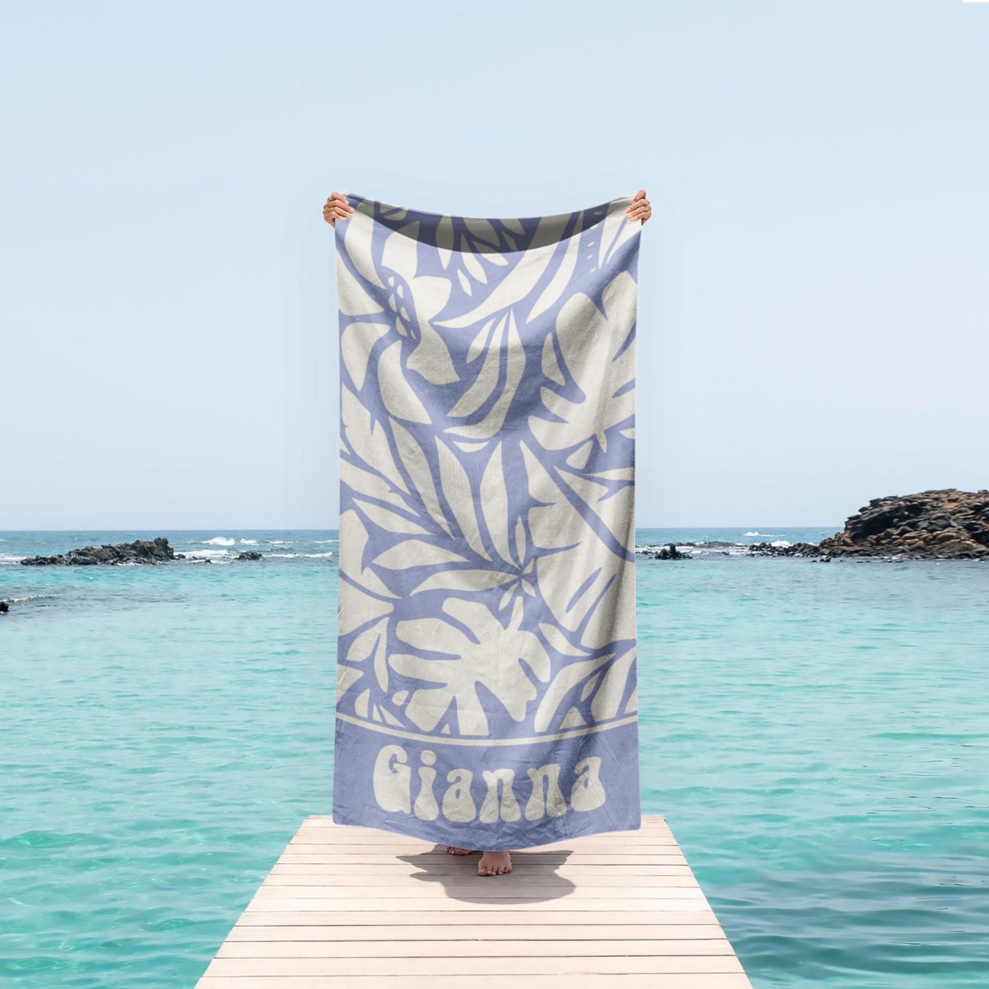 Personalized Retro Beach Towel with Custom Name, Geometric Leaf Pattern, Unique Birthday & Anniversary Gift