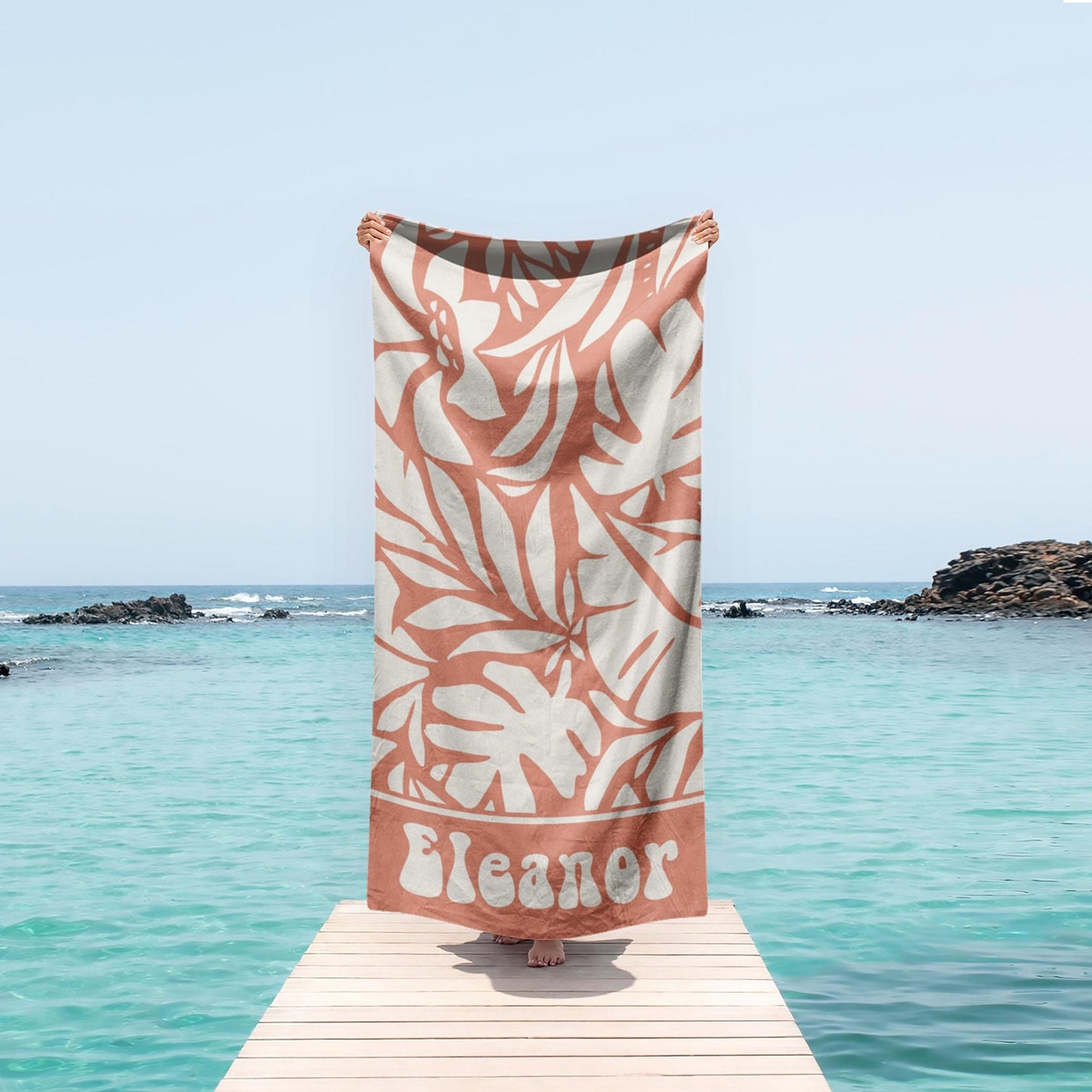 Personalized Beach Towel with Retro Leaf Geometric Pattern, Custom Name Gift for Birthday & Anniversary, Unique Summer Beach Accessory