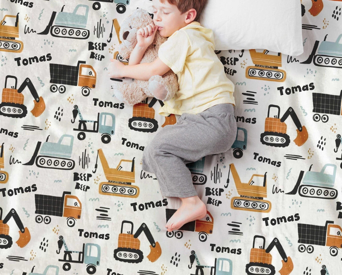 Personalized Construction Truck Minky Blanket: Custom Baby Boy Gift