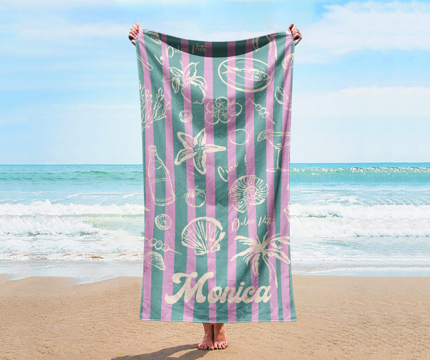 RETRO Stripe Style Personalized Beach Towel Personalized Name Bath Towel, Pool Towel Beach Towel With Name Outside Birthday Vacation Gift