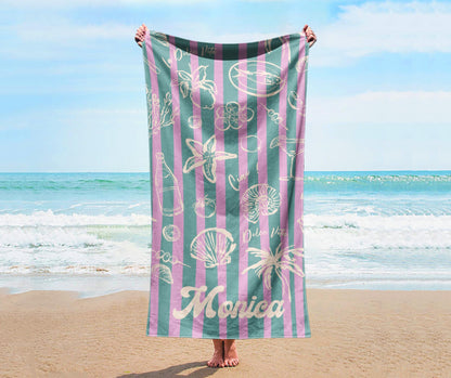 RETRO Stripe Style Personalized Beach Towel Personalized Name Bath Towel, Pool Towel Beach Towel With Name Outside Birthday Vacation Gift