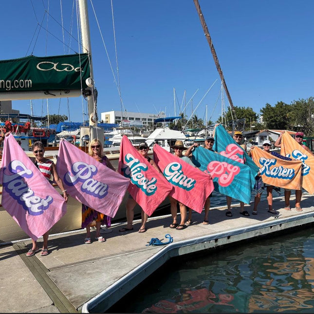 Groovy RETRO Style Personalized Beach Towel Personalized Name Bath Towel Custom Beach Towel With Name Outside bachelorette gifts