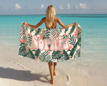 Tropical trend pattern Personalized Beach Towel Personalized Name Bath Towel Custom Pool Towel Beach Towel With Name Birthday Vacation Gift