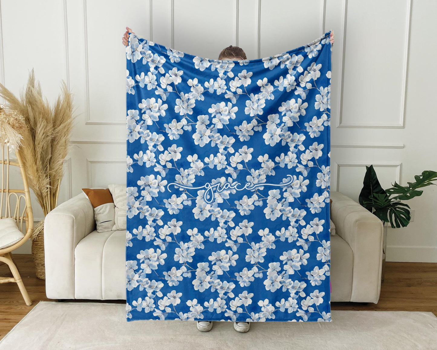 Mothers day gift Idea, Personalized flower pattern in vintage rustic style blanket with Name, Custom blanket gift, Birthday Anniversary Gift